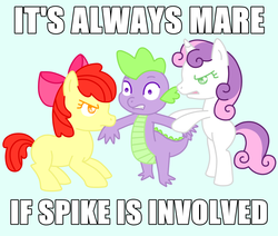 Size: 1000x849 | Tagged: safe, apple bloom, spike, sweetie belle, dragon, earth pony, pony, unicorn, g4, angry, argument, bad pun, bow, female, filly, foal, hair bow, image macro, love triangle, male, mare, meme, mouthpiece, parody, ship:spikebelle, ship:spikebloom, shipping, shocked, social justice, spike gets all the mares, straight, tug of war