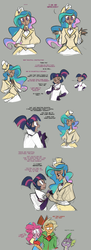 Size: 1165x3192 | Tagged: safe, artist:egophiliac, applejack, pinkie pie, princess celestia, spike, twilight sparkle, human, robot, steamquestria, g4, artificial intelligence, clothes, comic, dark skin, goggles, gray background, humanized, lab coat, mad scientist, mane six, pinkie being pinkie, pony coloring, scientist, simple background, steampunk