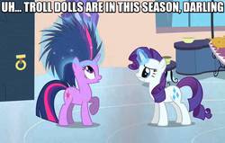 Size: 1108x703 | Tagged: safe, screencap, rarity, twilight sparkle, g4, :o, alternate hairstyle, frown, image macro, looking up, magic, meme, open mouth, raised hoof, telekinesis