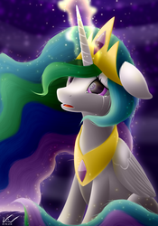 Size: 1750x2500 | Tagged: safe, artist:symbianl, princess celestia, g4, crying, female, glowing horn, horn, magic, mare in the moon, moon, reflection, solo