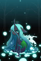 Size: 1000x1500 | Tagged: safe, artist:takuan_lte, queen chrysalis, changeling, changeling queen, g4, crown, female, jewelry, looking at you, pixiv, regalia, solo