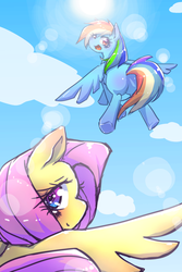 Size: 1000x1500 | Tagged: safe, artist:takuan_lte, fluttershy, rainbow dash, g4, flying, looking back, pixiv, sky