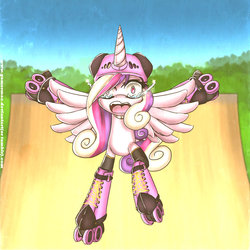 Size: 1500x1500 | Tagged: safe, artist:gamermac, princess cadance, g4, crying, female, helmet, ponies in roller skates, roller skates, scared, solo