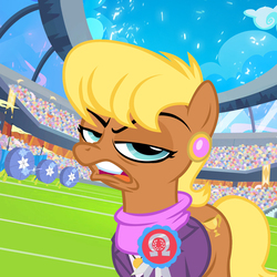 Size: 800x800 | Tagged: safe, artist:pixelkitties, ms. harshwhinny, equestria games (episode), g4, archery, equestria games, faic, female, ice arrows, looking at you, open mouth, ribbon, solo, stadium