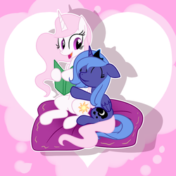 Size: 800x800 | Tagged: safe, artist:zenderman32, princess celestia, princess luna, g4, book, cewestia, eyes closed, filly, open mouth, pillow, reading, woona, younger