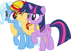 Size: 10472x7580 | Tagged: safe, artist:elsia-pony, sunset shimmer, trixie, twilight sparkle, alicorn, pony, unicorn, g4, .svg available, absurd resolution, counterparts, female, friendship, hug, magical trio, simple background, svg, transparent background, trio, trio female, twilight sparkle (alicorn), twilight's counterparts, vector