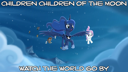 Size: 1280x720 | Tagged: safe, artist:duo cartoonist, screencap, princess luna, oc, oc:candlelight, oc:gari, oc:moondancer, oc:night light, oc:nightshade, oc:spirit, oc:springsign, oc:tingle, oc:wind whisper, children of the night, g4, children of the moon, flying, kids, lyrics, song reference, the alan parsons project