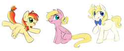 Size: 1200x500 | Tagged: safe, artist:the-chibster, oc, oc only, pegasus, pony, unicorn, bow, colt, filly, fluffy, flying, freckles, hubbyjack, magical lesbian spawn, male, offspring, open mouth, parent:applejack, parent:fluttershy, parent:rainbow dash, parent:rarity, parents:appledash, parents:appleshy, parents:rarijack, sitting, smiling