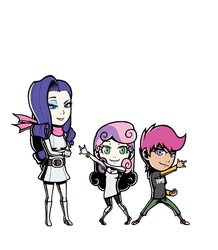 Size: 500x574 | Tagged: safe, artist:redhotkick, rarity, scootaloo, sweetie belle, human, g4, humanized, pose, style emulation, viewtiful joe