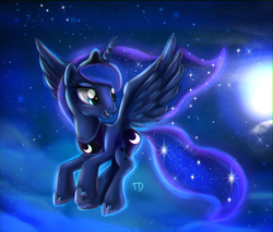 Size: 900x767 | Tagged: safe, artist:tigresadaina, princess luna, g4, female, flying, night, smiling, solo