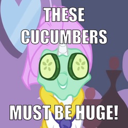 Size: 640x640 | Tagged: safe, screencap, rarity, g4, green isn't your color, cucumber, female, grin, image macro, meme, mud mask, smiling, solo