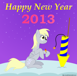 Size: 1932x1894 | Tagged: safe, artist:evaxilth, derpy hooves, pegasus, pony, g4, 2013, female, fireworks, happy new year, mare, solo