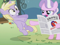 Size: 649x489 | Tagged: safe, edit, edited screencap, screencap, diamond tiara, dinky hooves, rarity, pony, g4, 60s spider-man, female, filly, foal, male, meme, newspaper, reaction image, spider-man