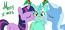 Size: 1280x597 | Tagged: safe, artist:azure-doodle, artist:vaderpl, lyra heartstrings, trixie, twilight sparkle, pony, unicorn, g4, blush sticker, blushing, cheek kiss, eyes closed, female, holly, holly mistaken for mistletoe, kiss sandwich, kissing, lesbian, mare, merry christmas, sexually confused lyra, ship:lyxie, ship:twixyra, ship:twyra, shipping, simple background, surprise kiss, surprised, unicorn twilight, white background