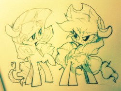 Size: 1024x764 | Tagged: safe, artist:black dog, applejack, rarity, g4, monochrome, ship:rarijack, shipping, traditional art