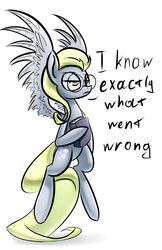 Size: 1131x1748 | Tagged: safe, artist:underpable, derpy hooves, pegasus, pony, g4, alternate hairstyle, book, bright eyes (mirror universe), dark mirror universe, equestria-3, female, flying, frown, glare, glasses, hoof hold, i just don't know what went wrong, i know exactly what went wrong, mare, mirror universe, simple background, solo, spread wings, subverted meme, underp