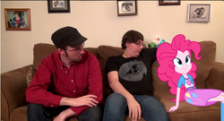 Size: 1302x704 | Tagged: safe, edit, pinkie pie, human, equestria girls, g4, adventure time, cute, doug walker, doug's adorable visitor, equestria girls in real life, finn the human, irl, irl human, jason laws, male, photo, plushie, sitting