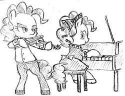 Size: 1024x785 | Tagged: safe, artist:tebasaki, pinkie pie, earth pony, pony, semi-anthro, g4, bow, clothes, dexterous hooves, dress, duality, famihara, grayscale, hair bow, hoof shoes, monochrome, musical instrument, pants, piano, shirt, simple background, violin