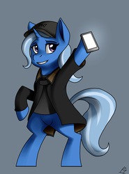 Size: 1280x1732 | Tagged: safe, artist:whitepone, trixie, pony, unicorn, g4, aiden pearce, cellphone, clothes, cosplay, costume, female, mare, parody, phone, smiling, solo, watch dogs