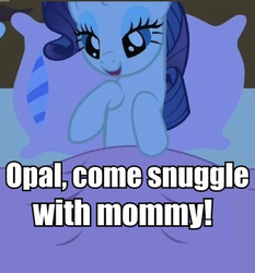 Size: 335x360 | Tagged: safe, edit, edited screencap, screencap, opalescence, rarity, pony, unicorn, g4, look before you sleep, bed, female, golden oaks library, image macro, imma snuggle you, mama rarity, mare, meme, solo, text, this will end in pain