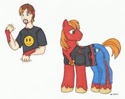 Size: 1024x807 | Tagged: safe, artist:cqmorrell, big macintosh, earth pony, human, pony, g4, beard, clothes, denim, facial hair, human to pony, jeans, light skin, male, pants, self portrait, shirt, signature, simple background, solo, stallion, t-shirt, traditional art, transformation, white background