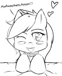 Size: 1639x2000 | Tagged: safe, artist:randy, oc, oc only, oc:aryanne, bed, black and white, blanket, blushing, collar, ear fluff, german, grayscale, happy, heart, heart eyes, monochrome, pet, pet play, sketch, smiling, solo, submissive, wake up, wingding eyes, wink