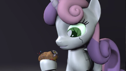 Size: 1920x1080 | Tagged: safe, artist:fruitymilk, sweetie belle, pony, robot, unicorn, g4, 3d, female, filly, foal, food, glados, hooves, horn, paradox, portal (valve), potato, solo, source filmmaker, sweetie bot