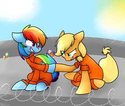 Size: 3250x2750 | Tagged: safe, artist:0bluethefoxx0, applejack, lyra heartstrings, rainbow dash, rarity, earth pony, pegasus, pony, unicorn, g4, barbed wire, clothes, high res, hoofbump, prison, prison outfit, prisoner rd