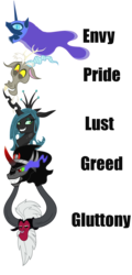Size: 1200x2500 | Tagged: safe, artist:90sigma, artist:gray-gold, artist:php11, artist:probablyfakeblonde, artist:tourniquetmuffin, edit, discord, king sombra, lord tirek, nightmare moon, queen chrysalis, alicorn, centaur, changeling, changeling queen, draconequus, pony, umbrum, unicorn, taur, g4, antagonist, bust, duckery in the comments, duckery in the description, female, group, male, mare, quintet, simple background, sin of envy, sin of gluttony, sin of greed, sin of lust, sin of pride, stallion, transparent background, vector