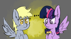 Size: 1365x755 | Tagged: safe, artist:magical disaster, derpy hooves, twilight sparkle, alicorn, pony, g4, 30 minute art challenge, :3, female, mare, muffin, personality swap, twilight sparkle (alicorn)