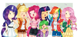 Size: 2468x1173 | Tagged: safe, artist:lucy-tan, applejack, fluttershy, pinkie pie, rainbow dash, rarity, spike, twilight sparkle, human, g4, beady eyes, eared humanization, horn, horned humanization, humanized, mane six, tailed humanization, winged humanization