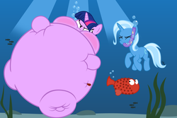 Size: 2250x1500 | Tagged: dead source, safe, artist:navitaserussirus, trixie, twilight sparkle, fish, puffer fish, g4, blushing, inflation, laughing, puffy cheeks, snorkel, swollen, underwater