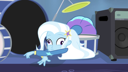 Size: 1920x1080 | Tagged: safe, screencap, trixie, equestria girls, g4, derp, drum kit, drums, female, musical instrument, solo