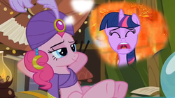 Size: 1920x1080 | Tagged: safe, edit, edited screencap, screencap, pinkie pie, twilight sparkle, g4, it's about time, 199- the extended weekend of sparkle, clothes, hell, hooves behind head, lidded eyes, link, madame pinkie, scarf, screaming, turban, youtube link, youtube poop