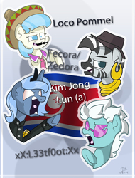 Size: 950x1252 | Tagged: safe, artist:trace-101, coco pommel, fleetfoot, princess luna, zecora, zebra, g4, angry, clothes, fedora, hat, insanity, kim jong-un, l3etf0ot, mexican, north korea, open mouth, pun, s1 luna, salute, signature, smiling, sombrero, sunglasses, tongue out, trilby, underhoof, uniform, wide eyes, yelling