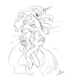 Size: 1280x1422 | Tagged: safe, artist:silfoe, princess luna, twilight sparkle, alicorn, pony, lunadoodle, g4, cuddling, female, grayscale, lesbian, mare, monochrome, ship:twiluna, shipping, snuggling, twilight sparkle (alicorn)