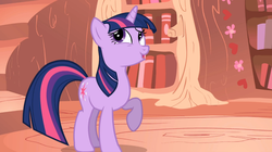 Size: 1365x767 | Tagged: safe, screencap, twilight sparkle, pony, unicorn, boast busters, g4, female, golden oaks library, looking up, solo, unicorn twilight