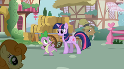 Size: 1365x767 | Tagged: safe, screencap, carrot top, golden harvest, mr. greenhooves, spike, twilight sparkle, dragon, pony, unicorn, boast busters, g4, animation error, cart, female, hat, male, mare, unicorn twilight