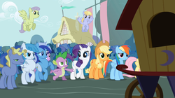 Size: 1365x767 | Tagged: safe, screencap, applejack, bon bon, candy mane, cloud kicker, coco crusoe, doctor whooves, fluttershy, lemon hearts, lightning bolt, minuette, parasol, ponet, rainbow dash, rainbowshine, rarity, spike, spring melody, sprinkle medley, sweetie drops, time turner, white lightning, dragon, earth pony, pegasus, pony, unicorn, boast busters, g4, female, flying, male, mare, rearing, stallion