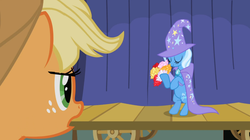 Size: 1365x767 | Tagged: safe, screencap, applejack, trixie, pony, boast busters, g4, bipedal, bouquet, flower