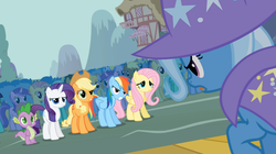 Size: 1365x767 | Tagged: safe, screencap, amethyst star, applejack, candy mane, carrot top, cloud kicker, coco crusoe, doctor whooves, fluttershy, golden harvest, lyra heartstrings, pokey pierce, ponet, rainbow dash, rainbowshine, rarity, sparkler, spike, time turner, trixie, earth pony, pony, boast busters, g4