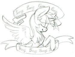 Size: 1236x948 | Tagged: source needed, safe, artist:php27, twilight sparkle, pony, g4, banner, eyes closed, female, monochrome, mouthpiece, parody, profile, sketch, smiling, solo, spread wings, twilight sparkle (alicorn)