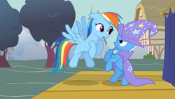 Size: 1365x768 | Tagged: safe, screencap, rainbow dash, trixie, boast busters, g4