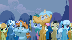 Size: 1365x768 | Tagged: safe, screencap, bon bon, carrot top, cherry cola, cherry fizzy, golden harvest, linky, pokey pierce, ponet, rainbowshine, shoeshine, snails, snips, sweetie drops, boast busters, g4, :o, background pony, frown, lighting, looking up, open mouth, smiling