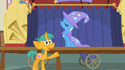 Size: 1365x768 | Tagged: safe, screencap, snails, trixie, pony, unicorn, boast busters, g4, colt, female, haughty, male, mare, sitting, stage