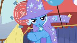 Size: 1365x768 | Tagged: safe, screencap, trixie, pony, unicorn, boast busters, g4, female, mare, pointing, serious face, solo