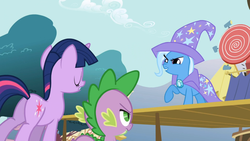 Size: 1365x768 | Tagged: safe, screencap, spike, trixie, twilight sparkle, dragon, pony, unicorn, boast busters, g4, butt, eyes closed, female, male, mare, plot