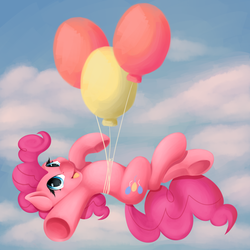 Size: 2500x2500 | Tagged: safe, artist:ac-whiteraven, pinkie pie, g4, balloon, female, floating, high res, solo, then watch her balloons lift her up to the sky, underhoof
