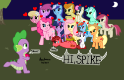 Size: 2022x1302 | Tagged: safe, artist:geoberos, applejack, berry punch, berryshine, bon bon, carrot top, fluttershy, golden harvest, lily, lily valley, lyra heartstrings, minuette, pinkie pie, rainbow dash, roseluck, spike, sweetie belle, sweetie drops, twilight sparkle, g4, carrotspike, female, male, ship:applespike, ship:flutterspike, ship:lilyspike, ship:pinkiespike, ship:rainbowspike, ship:spigate, ship:spikebelle, ship:spikebon, ship:spikeluck, ship:twispike, shipping, spike gets all the mares, spyra, straight