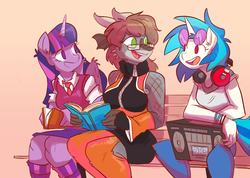 Size: 1280x909 | Tagged: safe, artist:herny, dj pon-3, twilight sparkle, vinyl scratch, oc, anthro, bench, book, boombox, glasses, headphones, non-mlp oc, open mouth, smiling, twilight sparkle (alicorn)